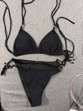 Women's Black Tie-Side Triangle Bikini with Gold Bead Accents